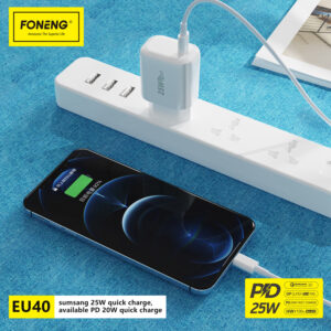 Foneng laidinis įkroviklis EU40 - Type C - PD 25W 3A with Type C to Type C cable baltos spalvos - Image 6