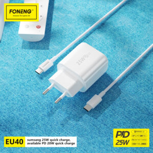 Foneng laidinis įkroviklis EU40 - Type C - PD 25W 3A with Type C to Type C cable baltos spalvos - Image 3