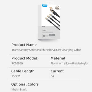 Rock Cable G20 Transparency Series braided 5in1 - USB, Type C to Type C, Lightning, Micro USB - PD 100W 5A 1,5 metres juodos spalvos - Image 8