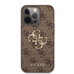 Guess PU 4G Metal Logo dėklas skirtas Apple iPhone 13 Pro Max rudos spalvos