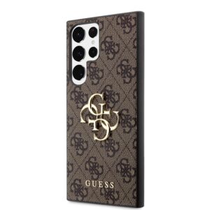 Guess PU 4G Metal Logo dėklas skirtas Samsung Galaxy S23 Ultra rudos spalvos