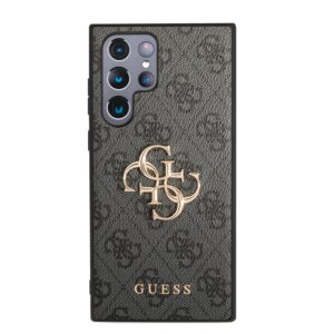Guess PU 4G Metal Logo dėklas skirtas Samsung Galaxy S23 Ultra pilkos spalvos