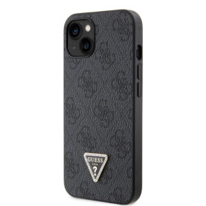 Guess PU 4G Strass Triangle Metal Logo dėklas skirtas Apple iPhone 15 juodos spalvos