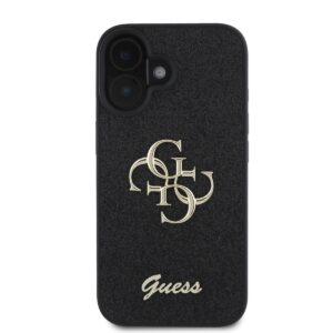 Guess PU Fixed Glitter 4G Metal Logo dėklas skirtas Apple iPhone 16 juodos spalvos
