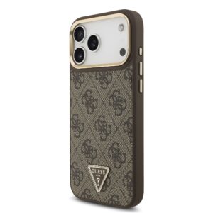 Guess PU Leather 4G Strass Triangle Logo Gold Frame MagSafe dėklas skirtas Apple iPhone 17 Pro Max rudos spalvos