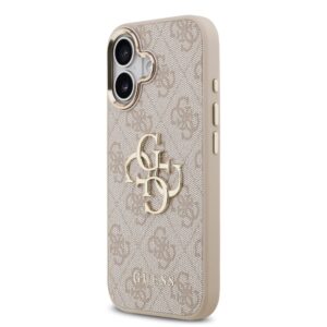 Guess PU Leather 4G Metal Logo Gold Frame dėklas skirtas Apple iPhone 17 rožinės spalvos