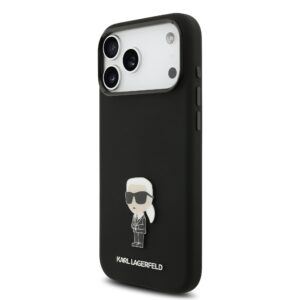 Karl Lagerfeld Liquid Silicone Metal Ikonik dėklas skirtas Apple iPhone 17 Pro Max juodos spalvos