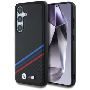 Original dėklas BMW Leather Tricolor Crossing Stripes MagSafe skirtas Samsung Galaxy S25 juodos spalvos