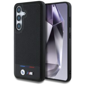 Original dėklas BMW Leather Tricolor Stripe MagSafe skirtas Samsung Galaxy S25 juodos spalvos