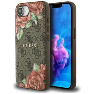 Original dėklas GUESS 4G Flowers Print MagSafe skirtas Apple iPhone 17e/16e rudos spalvos