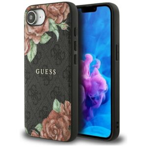Original dėklas GUESS 4G Flowers Print MagSafe skirtas Apple iPhone 17e/16e juodos spalvos