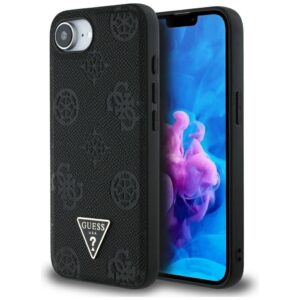 Original dėklas GUESS Grained Hot Stamp Peony Triangle Logo MagSafe skirtas Apple iPhone 17e/16e juodos spalvos