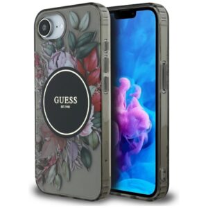 Original dėklas GUESS IML Flowers MagSafe skirtas Apple iPhone 17e/16e juodos spalvos