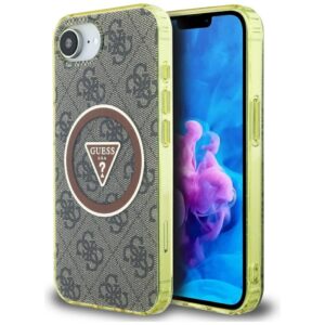 Original dėklas GUESS IML Metal Glitter 4G Circle Triangle MagSafe skirtas Apple iPhone 17e/16e rudos spalvos