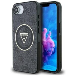 Original dėklas GUESS IML Metal Glitter 4G Circle Triangle MagSafe skirtas Apple iPhone 17e/16e juodos spalvos