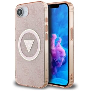 Original dėklas GUESS IML Metal Glitter 4G Circle Triangle MagSafe skirtas Apple iPhone 17e/16e pink