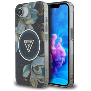 Original dėklas GUESS IML Metal Glitter Flowers Triangle MagSafe skirtas Apple iPhone 17e/16e juodos spalvos