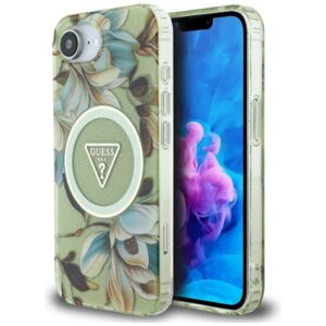 Original dėklas GUESS IML Metal Glitter Flowers Triangle MagSafe skirtas Apple iPhone 17e/16e green