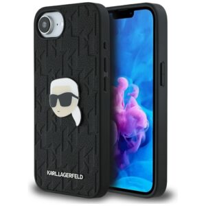 Original Pouch KARL LAGERFELD Monogram Karl Head Pin skirtas Apple iPhone 17e/16e juodos spalvos