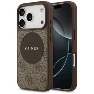 Original dėklas GUESS 4G Circle Classic Logo MagSafe skirtas Apple iPhone 17 Pro rudos spalvos