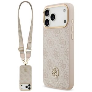 Original dėklas GUESS 4G Strass Logo & Big Strap Metal Buttons MagSafe skirtas Apple iPhone 17 Pro Max pink