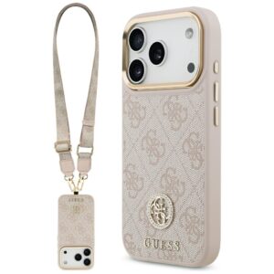Original dėklas GUESS 4G Strass Logo & Big Strap Metal Buttons MagSafe skirtas Apple iPhone 17 Pro pink
