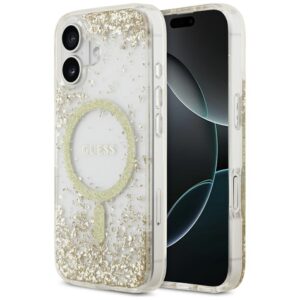 Original dėklas GUESS Resin Bottom Glitter MagSafe skirtas Apple iPhone 17 aukso spalvos