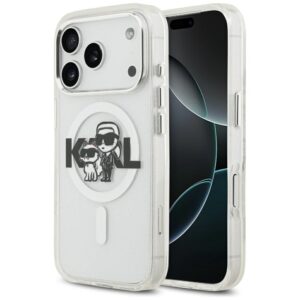 Original Pouch KARL LAGERFELD IML Glitter Karl & Choupette Sketch Logo Magsafe skirtas Apple iPhone 17 Pro skaidrus