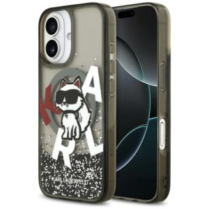 Original Pouch KARL LAGERFELD Liquid Glitter Choupette Logo MagSafe skirtas Apple iPhone 17 juodos spalvos