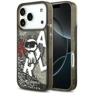 Original Pouch KARL LAGERFELD Liquid Glitter Choupette Logo MagSafe skirtas Apple iPhone 17 Pro juodos spalvos