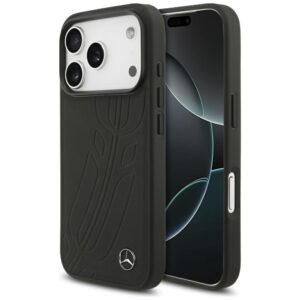 Original dėklas MERCEDES Leather Large Laurel Leave MagSafe skirtas Apple iPhone 17 Pro juodos spalvos
