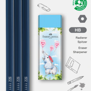 Pieštukų rinkinys Faber-Castell 1111 HB, 3 pieštukai, drožtukas ir trintukas, įvairių spalvų - Image 2