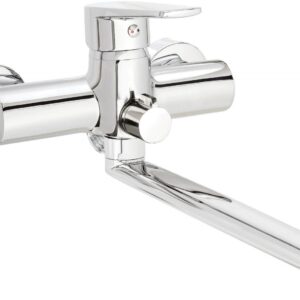 Wall-mounted washbasin and bath mixer with extended spout - hose connection