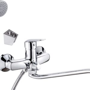 Wall-mounted washbasin mixer with extended spout - hose and shower set connection
