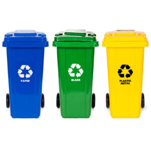 3 šiukšliadėžių rinkinys 3x120L mėlyna žalia geltona popieriui stiklui plastikui su guminiais ratukais