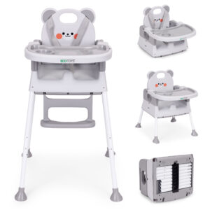 Vaikiška maitinimo kėdutė 3-in-1 su dvigubu padėklu ir 5 taškų saugos diržais, pilka ECOTOYS