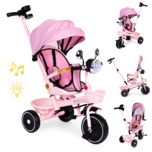 Pink Tricycle for Kids Stroller with Rotating Seat Push Handle ECOTOYS