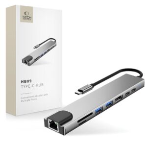 Tech-Protect HB09 HUB ADAPTERIS 8IN1 TYPE-C + USB-A3.0 + USB-C3.0 + HDMI 4K 60HZ + SD/TF + PD100W + RJ45 1000MB/S PILKAS (SPACE GREY)