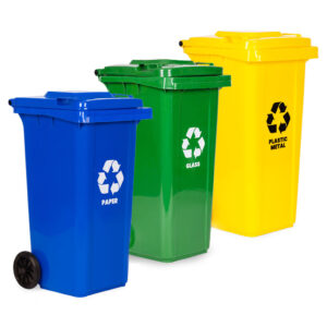 3 šiukšliadėžių rinkinys 3x120L mėlyna žalia geltona popieriui stiklui plastikui su guminiais ratukais - Image 2