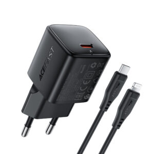 Acefast A118 30W GaN USB-C Wall Charger with 1.2m USB-C to Lightning Cable - juodos spalvos