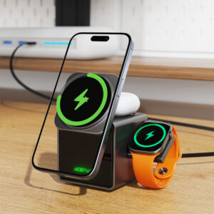 Acefast E34 22.5W 3-in-1 inductive charger with built-in cable for smartphone and smartwatch - pilkos spalvos - Image 6