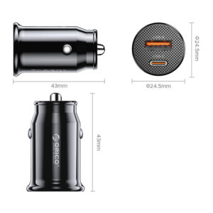 Orico PowerMini 30W USB-C + USB-A automobilinis įkroviklis - juodos spalvos - Image 2