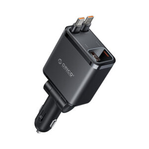 Orico Twin Reach 45W USB-A + USB-C automobilinis įkroviklis with Two Retractable USB-C Cables - juodos spalvos