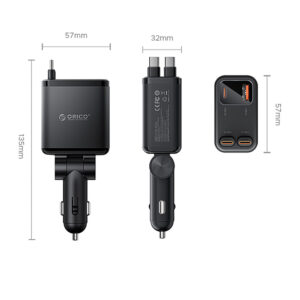 Orico Twin Reach 45W USB-A + USB-C automobilinis įkroviklis with Two Retractable USB-C Cables - juodos spalvos - Image 2