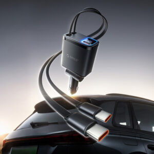 Orico Twin Reach 45W USB-A + USB-C automobilinis įkroviklis with Two Retractable USB-C Cables - juodos spalvos - Image 3