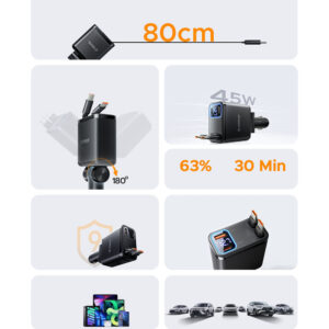 Orico Twin Reach 45W USB-A + USB-C automobilinis įkroviklis with Two Retractable USB-C Cables - juodos spalvos - Image 4