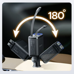 Orico Twin Reach 45W USB-A + USB-C automobilinis įkroviklis with Two Retractable USB-C Cables - juodos spalvos - Image 6