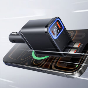 Orico Twin Reach 45W USB-A + USB-C automobilinis įkroviklis with Two Retractable USB-C Cables - juodos spalvos - Image 7