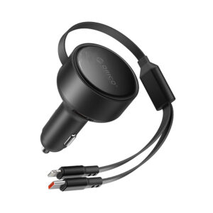 Orico Dual Stretch 60W USB-C automobilinis įkroviklis with Two Retractable USB-C + Lightning Cables - juodos spalvos