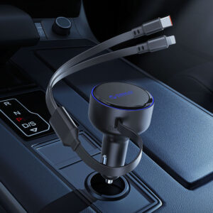 Orico Dual Stretch 60W USB-C automobilinis įkroviklis with Two Retractable USB-C + Lightning Cables - juodos spalvos - Image 3